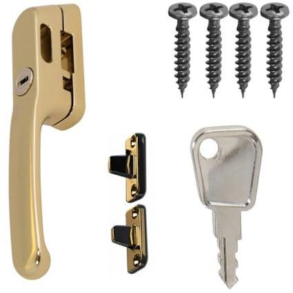 FixRello Fastener Casement Window Handle for Timber Surfaces | with Key, Mount/Wedge and Screws for Easily Installation and Security (1, Gold)