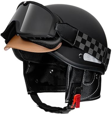 Retro Motorrad Halbhelme Halbschalenhelm, Scooter Mofa-Helm mit Schutzbrille, mit Einstellbar Schnellverschluss-Gurt, DOT/ECE-Zugelassen fur Biker, Cruiser, Chopper -Helm, Unisexs 2,58-62CM
