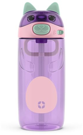 Ello Ellies 16oz Plastic Kids Water Bottle with Straw and Built-in Carrying Handle and Leak-Proof Locking Lid for School backpack, Lunchbox and Outdoor Sports, Cat
