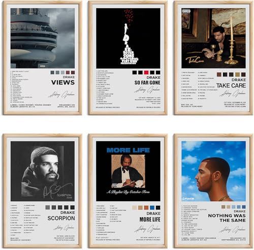 Drake - Set de 6 impresiones artísticas en lienzo para pared con portadas de álbumes musicales, para niñas y niños, decoración para dormitorio, 20,3 x 30,5 cm, sin marco