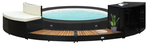 ZEYUAN Umrandung, Poolumrandung Rund, Pool Verkleidung, Outdoor Umrandung, Schwarz Poly Rattan und Akazienholz