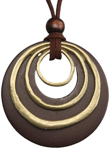 COOLLA Womens Multilayer Pendant Necklaces Vintage Jewelry Fashion Long Sweater Necklace for Woman (Wooden circle-Brown Bronze)