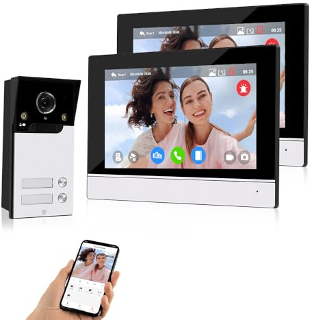QttyElok Sistema de intercomunicación WiFi para puerta, 1080P HD, timbre de puerta, cámara IR de visión nocturna con monitores de 7 pulgadas para 2 hogares/apartamentos, compatible con audio