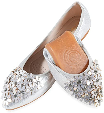 YOUNIFIZ Women's Elastic Foldable Portable Pumps Bling Beads Ballet Ballerina Flats Dolly Shoes