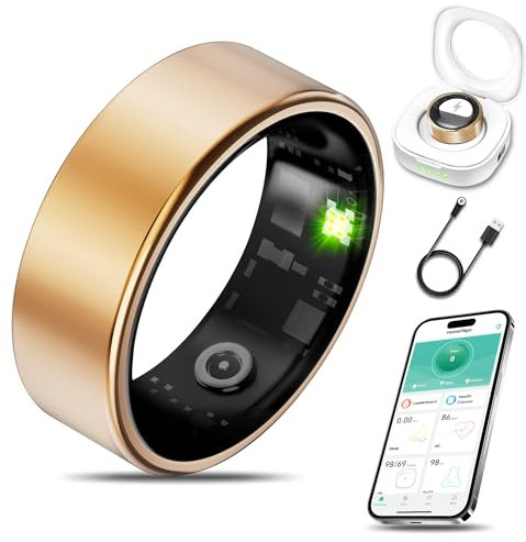 Smart Health Ring for Women Men Fitness Tracker with Heart Rate, Blood Oxygen, Blood Pressure, Sleep Monitoring, Step Counting, IP68 Waterproof for iPhone and Android, No Subscription Fee, Gold 8