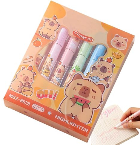 Capybara Highlighters,Students Highlighter Pen - Chisel Tip, Cute Capybara Pastel Fluorescent Marker Pens Set of 6 for Students, School Supplies