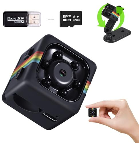 Bextgoo Mini Camara Espia Sin WiFi, 1080P Camara Vigilancia Sin WiFi con Tarjeta de TF de 32GB, Visión Nocturna, Soporte Rotatorio de 360°, para Viajes, Ciclismo, Seguridad y Exterior(Arcoíris Negro)
