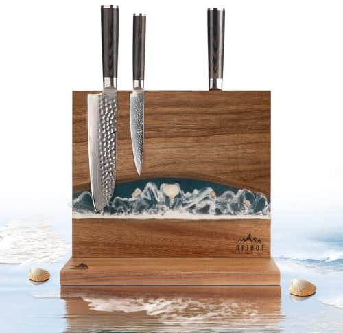 Grihot Magnetic Knife Block, Original Acacia Wood Blue Resin Sea Wave Knife Holder, Double Sided Holds Up To 10 Knives (12 X 10 Inches, Without Knives)