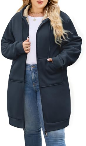 CMTOP Longue Sweat Zippé Femme Cotton Chaud Veste à Capuche Oversize Casual Manteau en Polaire Grand Taille avec Poches Hoodie Chic et élégant Automne Hiver Outerwear(Marine, XXL)