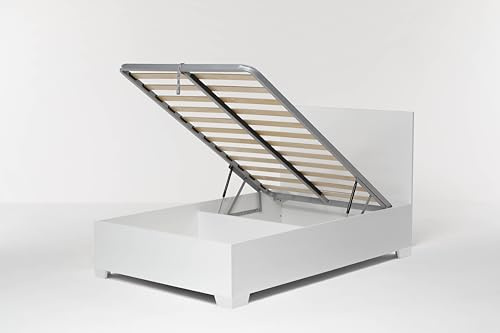 Cangù Letto Contenitore Hi Box da una Piazza e Mezza 120x190 cm, Bianco, con piedini, completo di Rete a Doghe e Sistema di Sollevamento