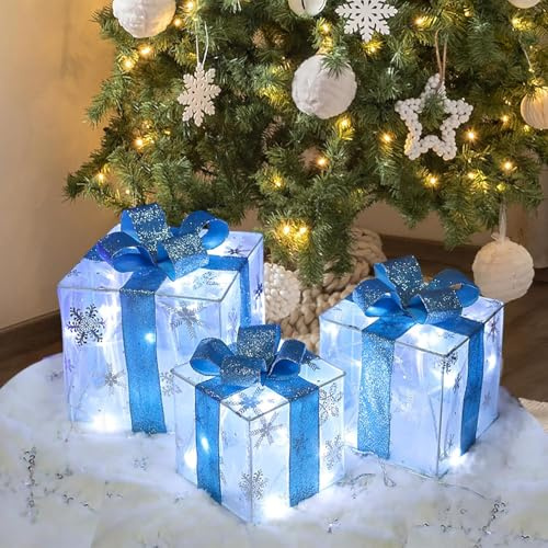 Kwaiffeo Decoración Navideños, Juego de 3 Cajas de Regalo Navideñas Iluminadas con 60 Luces LED para Falda de Arbol Interior Exterior Patio Puerta, Luces Navideñas, Blanco Frío