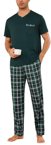 Leversic Pyjama Homme Ensemble Été Short Sleeve Haut à Manches Courtes Col en V Contrasté Pantalon Long à Carreaux Confortable Vêtements de Nuit et Loungewear 440-Vert XL