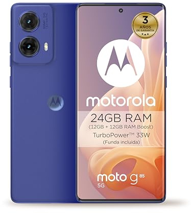 Motorola Moto g85 5G 24GB (12GB+12GB RAM Boost) 256GB Azul, Pantalla de Borde Infinito de 6,67 y Sonido Dolby Atmos, Cámara Sony LYTIA 600 de 50MP con OIS, Batería 5000 mAh, Carga TurboPower 30W