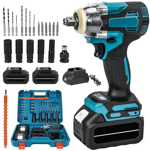 Oamger - Llave de impacto a batería con dos baterías, 21 V, eléctrica, destornillador 3 en 1, 1200 N.m, llave de impacto, 6700 rpm, con luz LED, 5 tuercas de impacto, para casa/auto/DIY (1200 N.m)