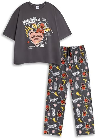 Stranger Things Pigiama da Donna Nero a Maniche Corte e Lunghe Hellfire Club | Maglietta Grafica e Pantaloni con Stampa dei Cartoni Animati | Abbigliamento da Notte per i Fan della Serie