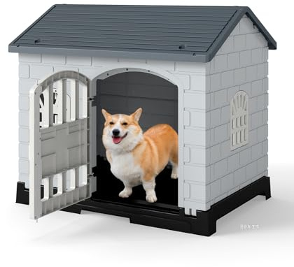 GOPLUS Caseta para Perros de Plástico, Casa para Perro con 3 Ventanas, Puerta con Cerradura, Techo Inclinado, Bandeja Extraíble, Perrera Interior Exterior para Perros Pequeños Medianos Patio (Gris)