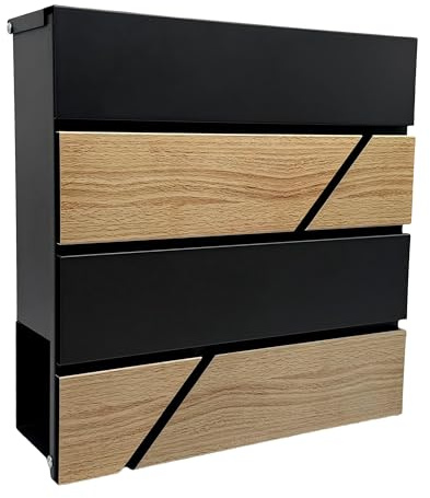 Relaxdays Briefkasten, Holzoptik, mit Zeitungsfach, Postkasten, HBT: 37x37x11 cm, 4X Schlüssel, Eisen, schwarz/Natur
