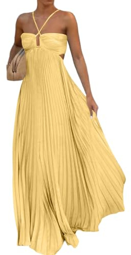 TOFOTL Vestito Sexy con Spalline Sottili Abito Casual Spalle Scoperte Abiti Cerimonia Donna Eleganti Senza Maniche Vestiti Estivi Plissettato Schiena Scoperta Maxi Invernale Lungo Giallo M