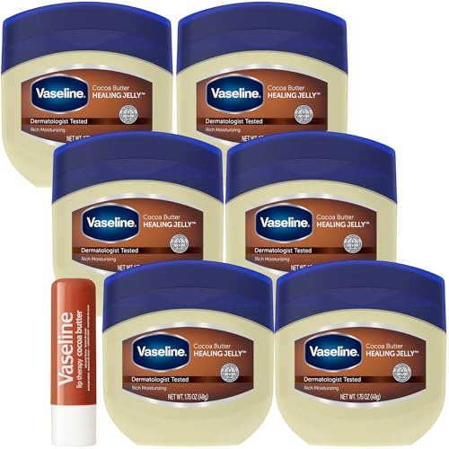 Vaseline Cocoa Butter Healing Jelly Travel-Size 6-Pack – Rich Moisturizing Ointment, Skin Protectant for Soothing Cracked, Dry Skin, 1.75 Oz Ea