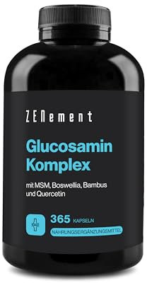 Glucosamine avec Chondroïtine, MSM, Boswellia, Bambou et Quercétine | 365 Gélules | Contre Douleurs Articulaires | Non-GMO, GMP, Sans Additifs, Sans Gluten | Zenement
