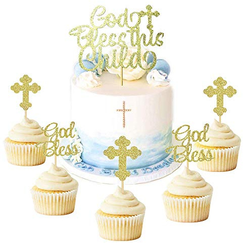 JeVenis 25 PCS Glittery Gold Bless this Child Cross & Cake Toppers - Baptism Cupcake Decorations