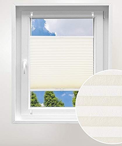 Laneetal Plissee ohne Bohren Klemmfix, Jalousie Faltrollo Crushed Optik, Creme 80 x 130 cm, mit Spannschue für Fenster und Tür, Easyfix klemmträger und verspannt, Sonnen-, Sicht- & Schallschutz