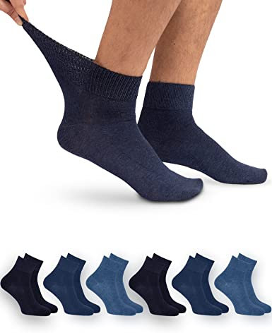 6 Paar Diabetiker Kurzschaft Socken für Damen und Herren, ohne drückenden Gummibund Blau Mix Gr. 42-46