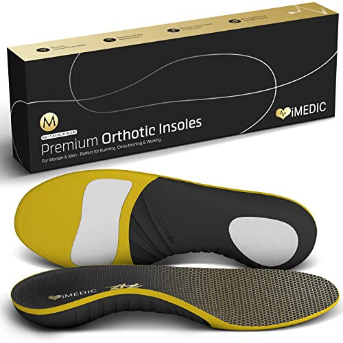 iMedic Premium Semelles orthopédiques pour femmes et hommes - EU 40-42 Semelles Chaussures Gel - Semelles Chaussures Confort - Soutien de la voûte plantaire pour aider les pieds plats, Noir/Or