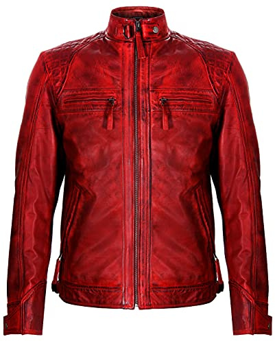 Herr vintage läder retro jacka klassisk racing quiltad biker moto modejacka, Röd, L