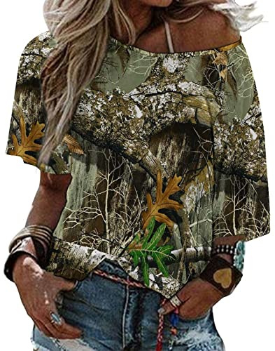 Ykklima Autumn Hunting Tree Camo Pattern Womens Tops Sexy Off Shoulder Shirts Casual Short Sleeve T-Shirt S