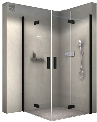 BERNSTEIN Duschkabine 90x80 Breite Falttür Rahmenlose Eckdusche NT213 Eckeinstieg Hebe-Senk Duschabtrennung 8 mm ESG Nano Echtglasdusche mit Schwarz matt Profil, Dusche Rechts x Links: 90x80 Breite