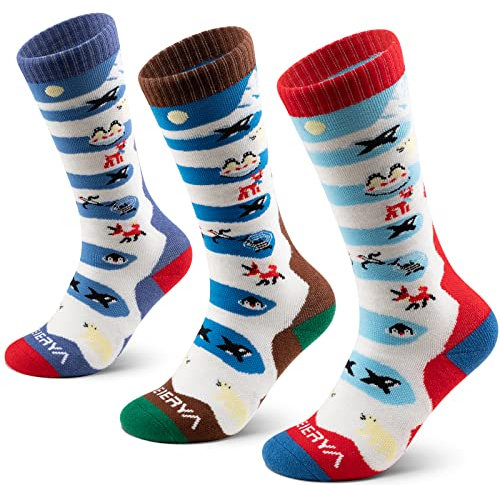 WEIERYA Kinder Skisocken Merinowolle, Thermo Snowboard socken, Kniestrümpfe Wolle Socken für Jungen und Mädchen, 1/3 Paar Dunkel Braun Lila Rot M 3 Paar