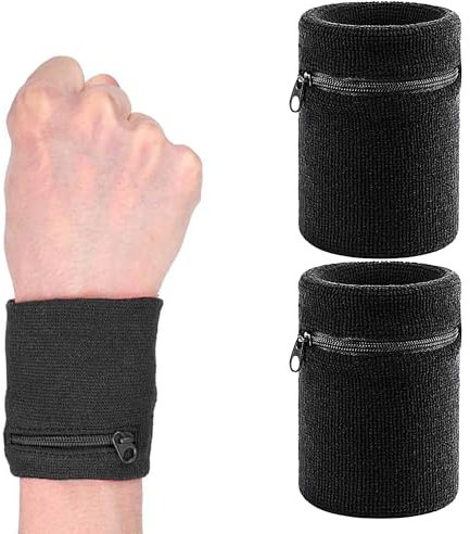 2 Stück Handgelenk-Geldbörse, Reißverschluss-Armband, Schweißabsorbierende Armbänder mit Tasche, Lauf-Fitness-Handgelenktasche, Weiche Armband-Geldbörse, für Männer Frauen Basketball (Schwarz)