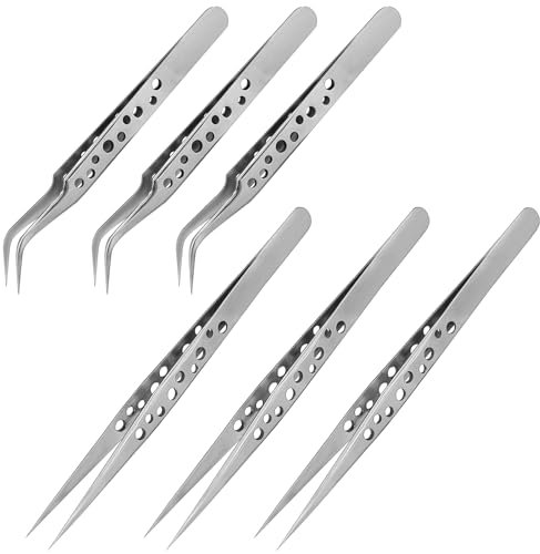 GOLRISEN Pinzas de Precisión para Electrónica, 6 Pinzas de Puntas Finas Curva y Recta de 14 cm y 12 cm Pinzas de Soldadura para Electrónica Antiestáticas Pinzas de Precisión para Manualidad Trabajo