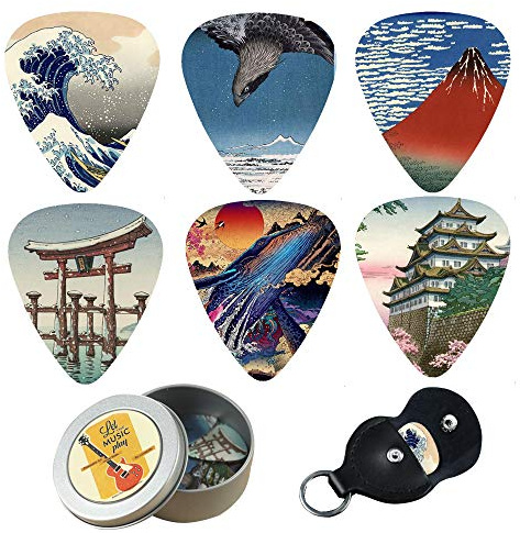 Czzmy 12 médiators de guitare en celluloïd,Médiator en Cuir et Boîte Désignée Meilleur Joueur de Guitare Cadeau Premium pour Fan de Guitare(Culture japonaise)