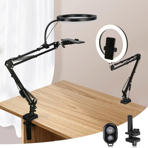 WEIIBDIE 10 Ring Light with Tripod Stand & Phone Holder,Adjustable Overhead Camera Mount,Desk Vlogging Kit Content Creator Equipment with Remote for Iphone Filming,Streaming,Tik tok,Youtube