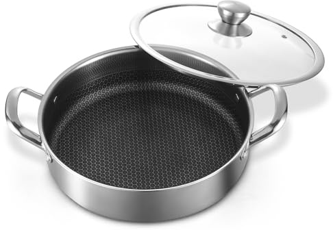 Toutrop Stainless Steel Saute Pan 12 inch Deep Frying Pan,5 Quarts Nonstick Skillet Large Sauté Pan with Lid,PFOA Free Cookware,Induction Compatible Chef Cooking Pan,Dishwasher & Oven Safe