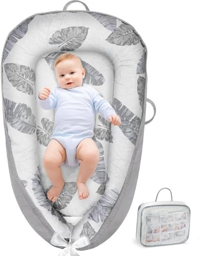 URMYWO Babynestchen Neugeborene - Nestchen Baby 90x50 cm - Kokon Handmade zweiseitig Reisebett für Babys aus 100% Baumwolle - Baby Nest (Feder Grau)
