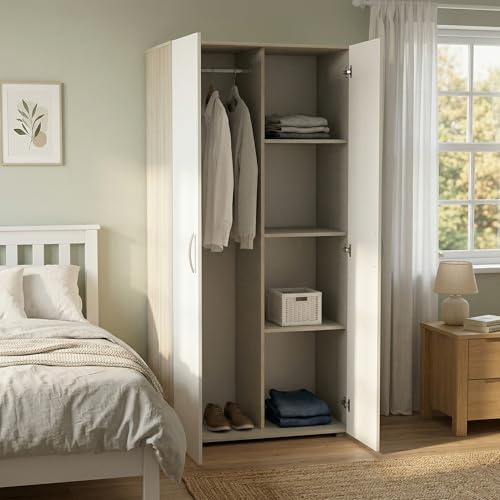 Dmora - Guardaroba 2 Ante Seine, Mobile Camera da Letto, Cabina Armadio portabiti, Armadio Appendiabiti, 79x52 h166 cm, Rovere e Bianco Opaco