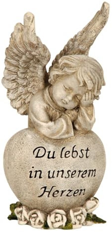 MF Grabengel mit Spruchherz Du lebst in unserem Herzen, 18,5 cm, Polyresin, grau