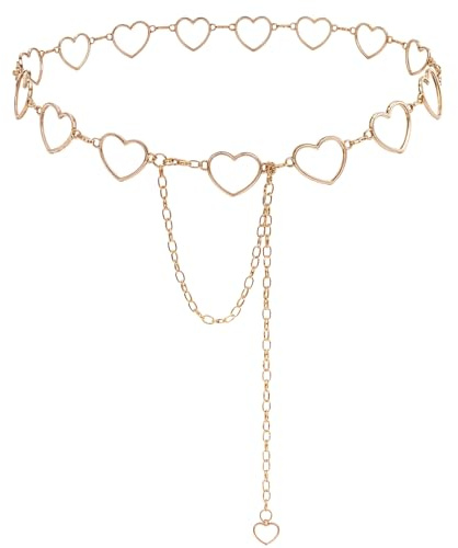 Yuanchu - Ceinture fine en métal pour femme - Chaîne de taille en forme de cœur doré - Réglable - 117cm - Or