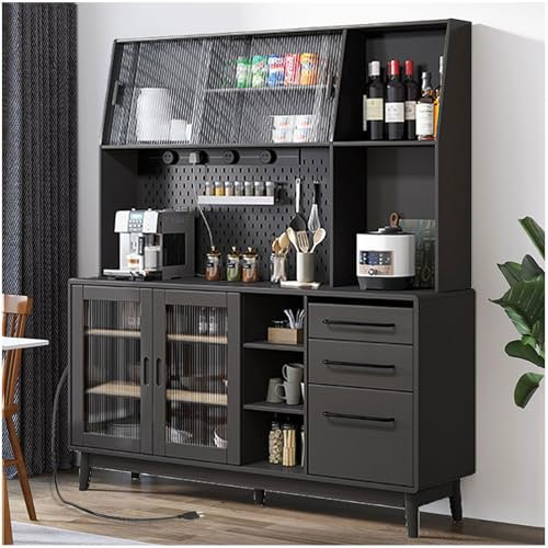 Gabinete de cocina con estación de carga deslizante, soporte para microondas, placa de orificio de metal y 3 cajones, armario independiente para despensa de alimentos para comedor (negro)