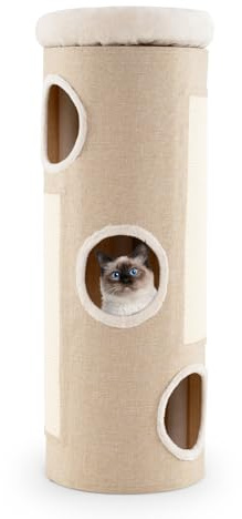 GOPLUS Tonneau Griffoir Chat Rond 43 CM à 4 Niveaux, Surface en Planche à Gratter Amovibles, 3 Condos & Perchoir Supérieur avec Couvercle Amovible, 3 Entrées, Centre d’Activité pour Chat Intérieur
