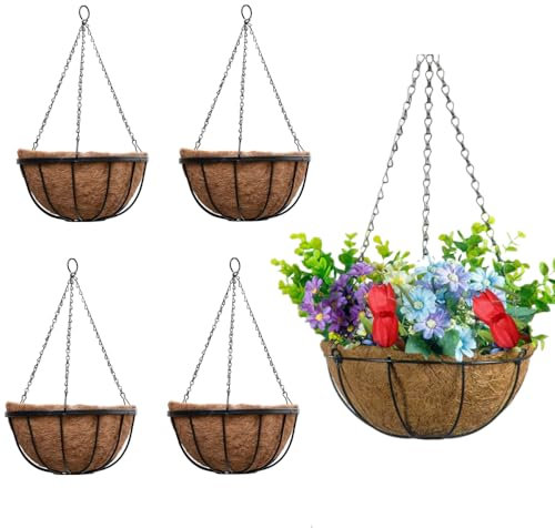 Naisfei 4Pcs 20cm Garden Hanging Basket & Coco Liner, Round Hanging Basket Pots Ideal for Trailing Plants and Flowers Growth, for Garden Porch Balcony Patio Plant Flower Decoration