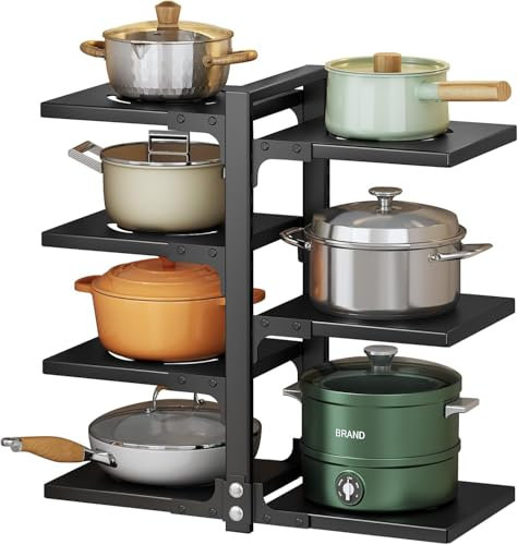 EDIMENS 7-Tier Adjustable Pan Organiser - Heavy Duty Space Saving Rack for Pots, Pans & Lids, Fits UK Cabinets, 15 Pounds/Tier Capacity, Rust-Proof & Countertop/Cabinet Modes