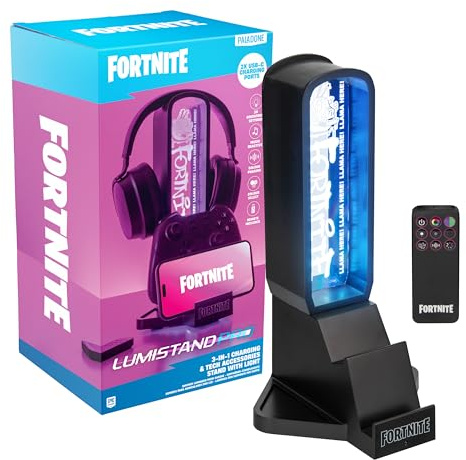 Paladone Fortnite 3-in-1 Headphone Stand and Tech Charging Station with Console Controller Cradle and 2 USB-C Ports, RGB Colour Changing Light Panel, Officially Licensed Gift for Gamers
