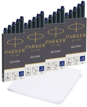 Parker Quink - Juego de recambios para pluma estilográfica con gamuza - Cartuchos largos de tinta azul, paquete de 20 con paño de pulido