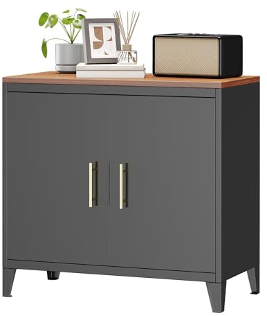 FlairVibe Armadio da Rango in Metallo Nero con Maniglia Dorata - Piano Superiore in Legno - 76H x 80L x 40P cm - Per Cucina, Corridoio, Balcone, Giardino, Soggiorno