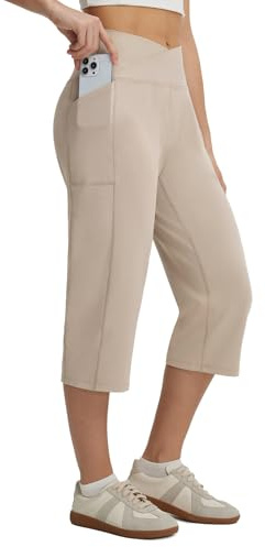 baleaf Pantaloni Capri da donna con tasche, 45,7 cm, pantaloni da yoga con incrocio a V, cintura incrociata, leggings estivi a gamba dritta, cachi, M