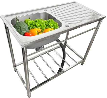 WIQUYBML Lavello per Ristorante Commerciale, lavello Singolo per Esterni per Lavaggio, in Acciaio Inossidabile con banco da Lavoro, lavelli per Lavanderia, Cucina, Garage Portatile con Rubi